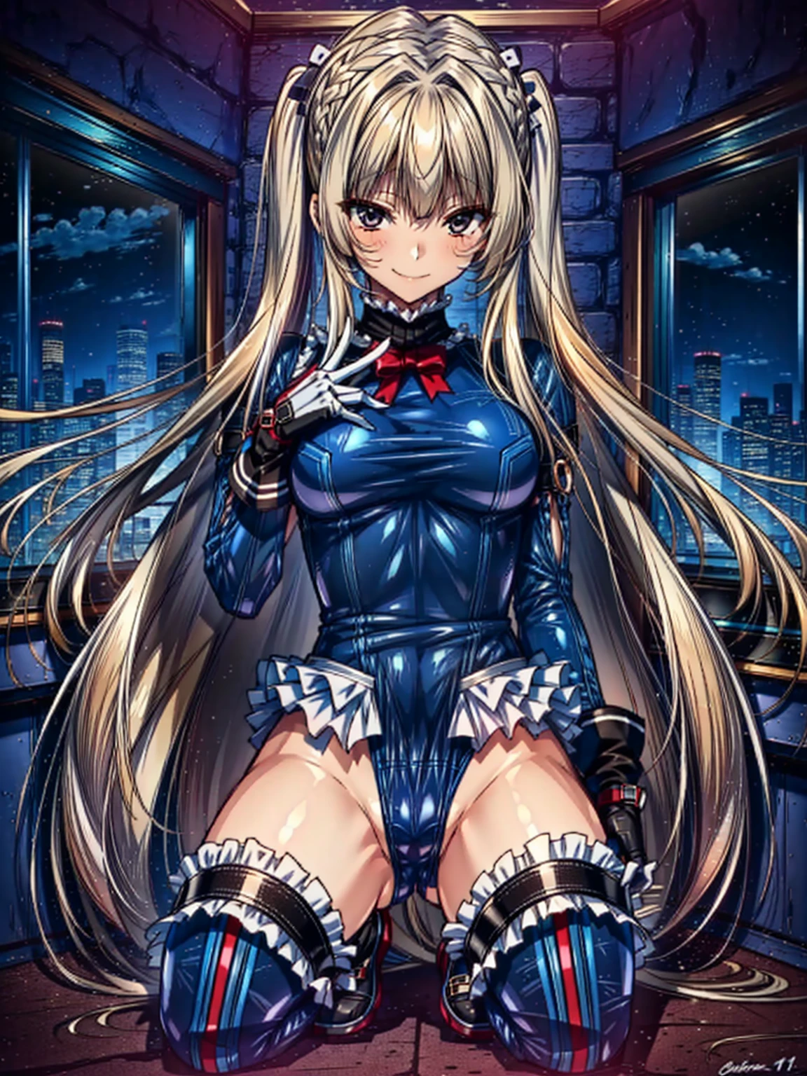 best masterpiece, ultra detailed, best quality, sharp focus, 12K, super high resolution picture, big tits,4K,Perfect Anatomy, highest quality, Marie Rose,Wicked Smile,Provocative attitude
,,Wicked Smile,Anime Style,(Ruffled swimsuit, Knee socks, Removed sleeve), (Anime Style:1.4) ,
,(White fingers:1.1,Black gloves),
Hollow Eyes,,1  Girl、(In the research facility),,(very long hair:1.6),(full body:1.3),(Tube connected to the crotch:1.8),nsfw
