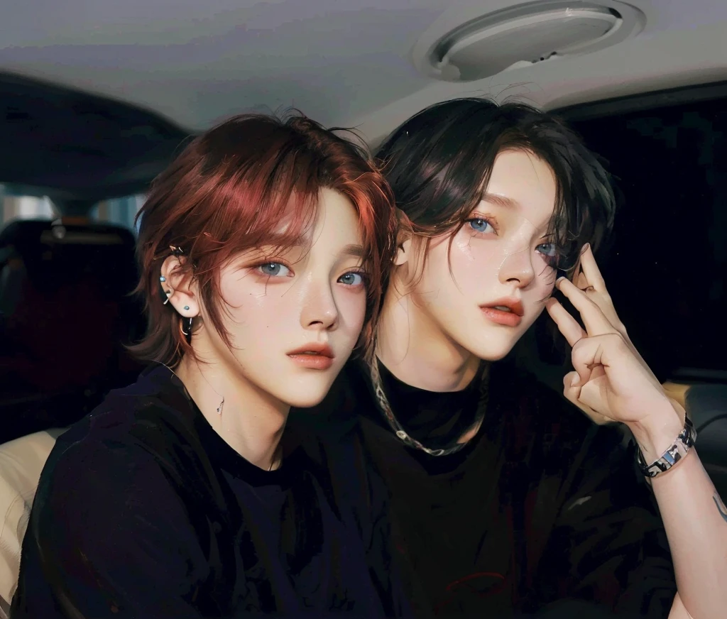 two young men with red hair and piercings sitting in a car, high quality fanart, official fanart, official fan art, [ digital art ]!!, jungkook, realistic art, vibrant fan art, digital art. @mariomaniacdude, inspired by Yanjun Cheng, fan art, a colorized photo, hq artwork, realism art, they are siblings