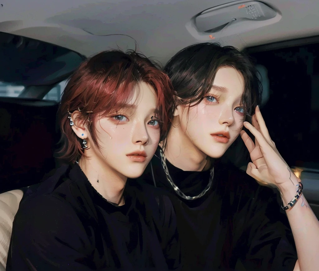 two young men with red hair and piercings sitting in a car, high quality fanart, official fanart, official fan art, [ digital art ]!!, jungkook, realistic art, vibrant fan art, digital art. @mariomaniacdude, inspired by Yanjun Cheng, fan art, a colorized photo, hq artwork, realism art, they are siblings