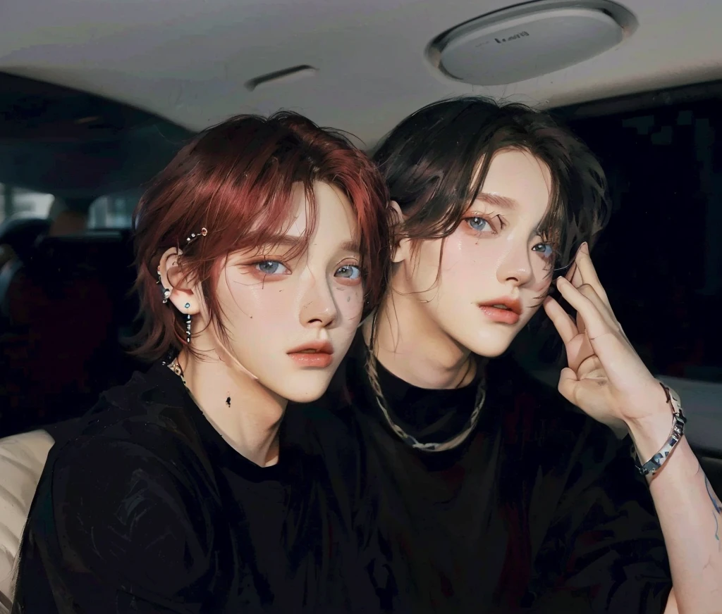 two young men with red hair and piercings sitting in a car, high quality fanart, official fanart, official fan art, [ digital art ]!!, jungkook, realistic art, vibrant fan art, digital art. @mariomaniacdude, inspired by Yanjun Cheng, fan art, a colorized photo, hq artwork, realism art, they are siblings