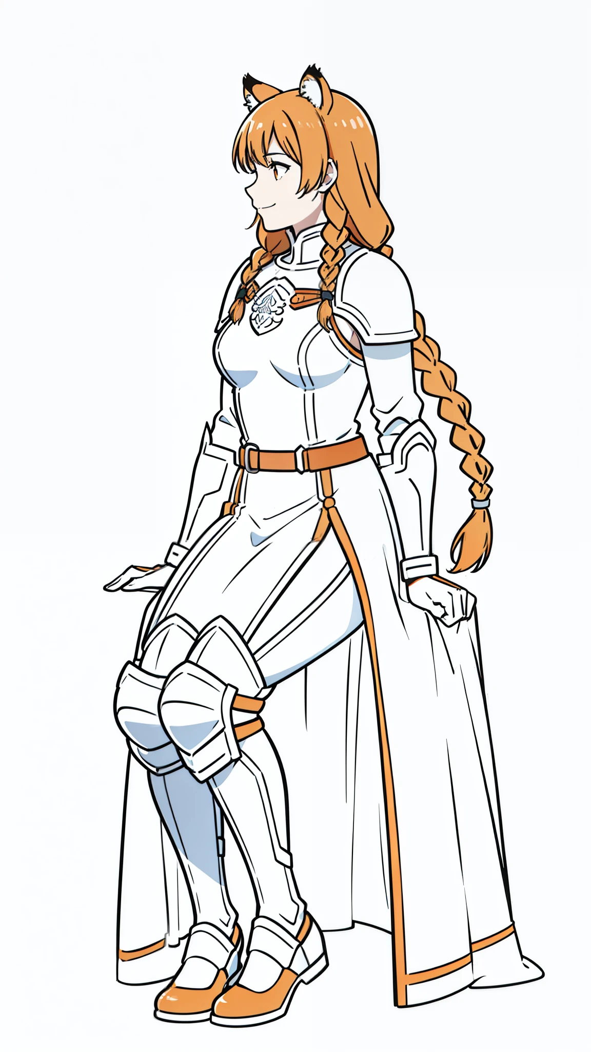 (1girl,20 years old,mature female,solo),tiger ears,long hair,(twin braids),orange hair,white knight armor,(white background,line drawing),smile,sitting,profile, looking away,full body