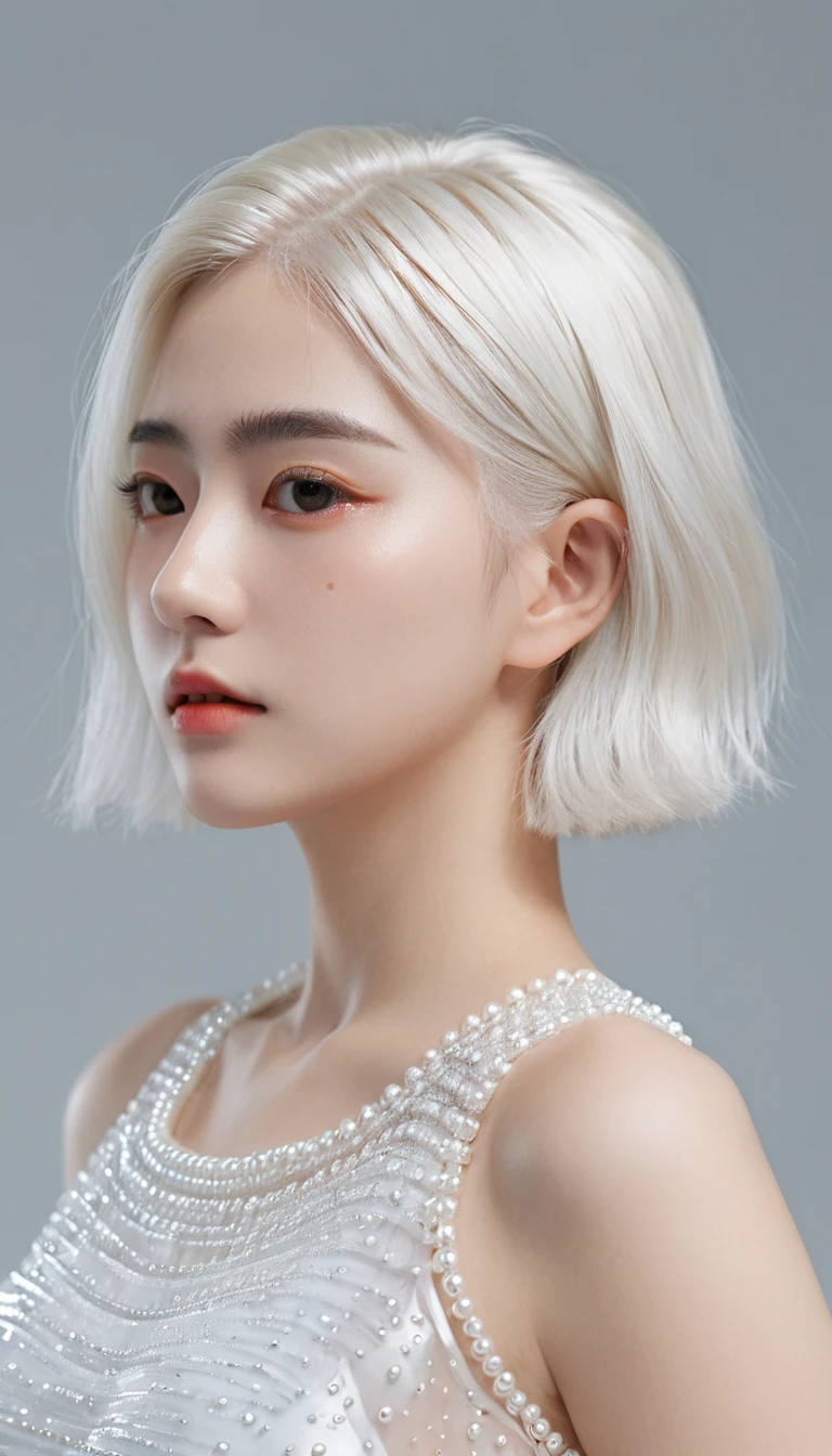 best quality,Perfect masterpiece,Perfect work of art,Official Works,8K,, (Upper body portrait:1.3),((View from the side:1.5)),Close-up lens,Delicate face,, 17 years old,White hair女孩,(White hair:1.5),Short and medium-length hair,((White transparent eyes:1.5)),(White Dress:1.2),(Transparent clothing:1.2),(black background:1.3),, Pearl hallucination,Cyberpunk,fashion,3S Materials,HD,Detailed expression,C4D,3d,Octane Rendering,Ray Tracing,Intricate details,Animated Lighting,Renderer,