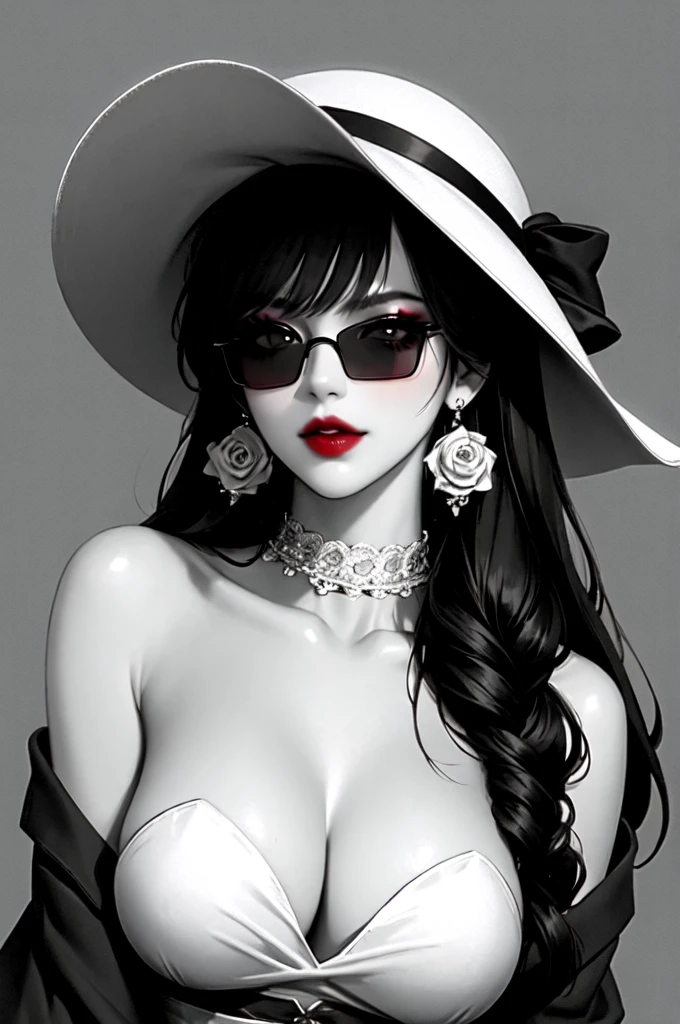 1girl, sunglasses, solo, hat, lipstick, red lips, long hair, dress, plunging neckline,rose, makeup, monochrome, white background, earrings, cleavage, jewelry, upper body, spot color, hair over shoulder,dark theme,shiny,shiny skin,milf,(mature female:1.2),