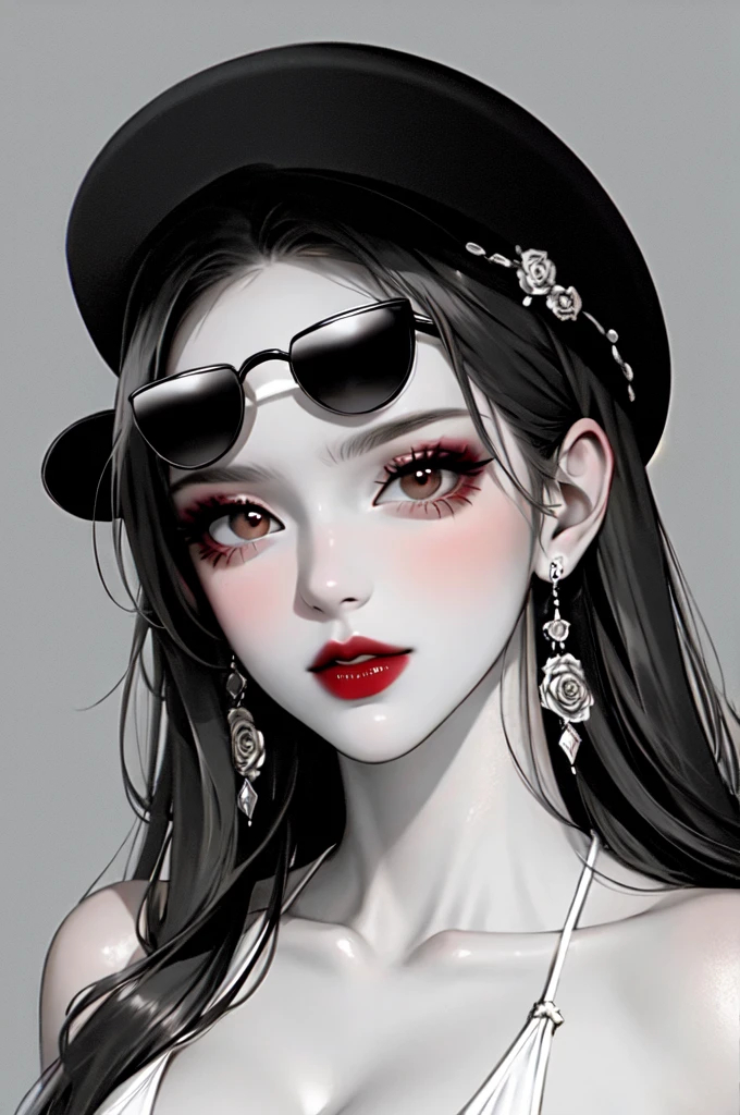 1girl, sunglasses, solo, hat, lipstick, red lips, long hair, dress, plunging neckline,rose, makeup, monochrome, white background, earrings, cleavage, jewelry, upper body, spot color, hair over shoulder,dark theme,shiny,shiny skin,milf,(mature female:1.2),