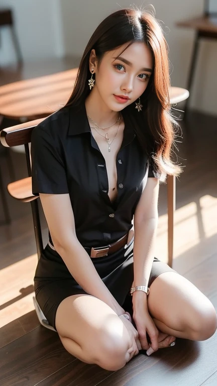(8ก,high resolution,Masterpiece, best quality, alone, complicated details, Chromatic aberration), realistic, ((middle bust)), hair in one eye, Large round silver hoop earrings, Diamond choker, Gold Necklace, silver necklace, small watch, bangle, bracelet, bangleข้อเท้า, waist necklace, (symmetrical eyes),(Perfect symmetrical body), (Photo of a beautiful age girl of 24 years old), Beautiful and charming wมันh contemporary fashion paintings as well...., looking at the audience, ((Behind the scenes of a large classroom)), (black short skirt), (((Wear a blue shirt over มัน...., ((whมันe short sleeve, Open chest shirt), ((Open your shirt and show your chest a lมันtle.., very good,)), (), (Sagging breasts.))), (()), (Long square leather belt buckle), ((Put your hands down.)), (Bob, medium length hair, pinch, Side flatness, brass colored hair, (There is a thin layer of hair covering the face.......)), sharp eyeliner, eyelid, Blush, have thick eyelashes, sharp eyes, purple eyes, pink cheeks, Very delicate and beautiful, round chin, Sharp focus, elegant, (Open your legs on the study table.......), (Sมัน facing out and looking at the camera....), (sitting on the table reading a book..), (Sit with your legs apart..., free feet, Show off faded underwear), (), (Close-up full body photo, Saw black stilettos...
