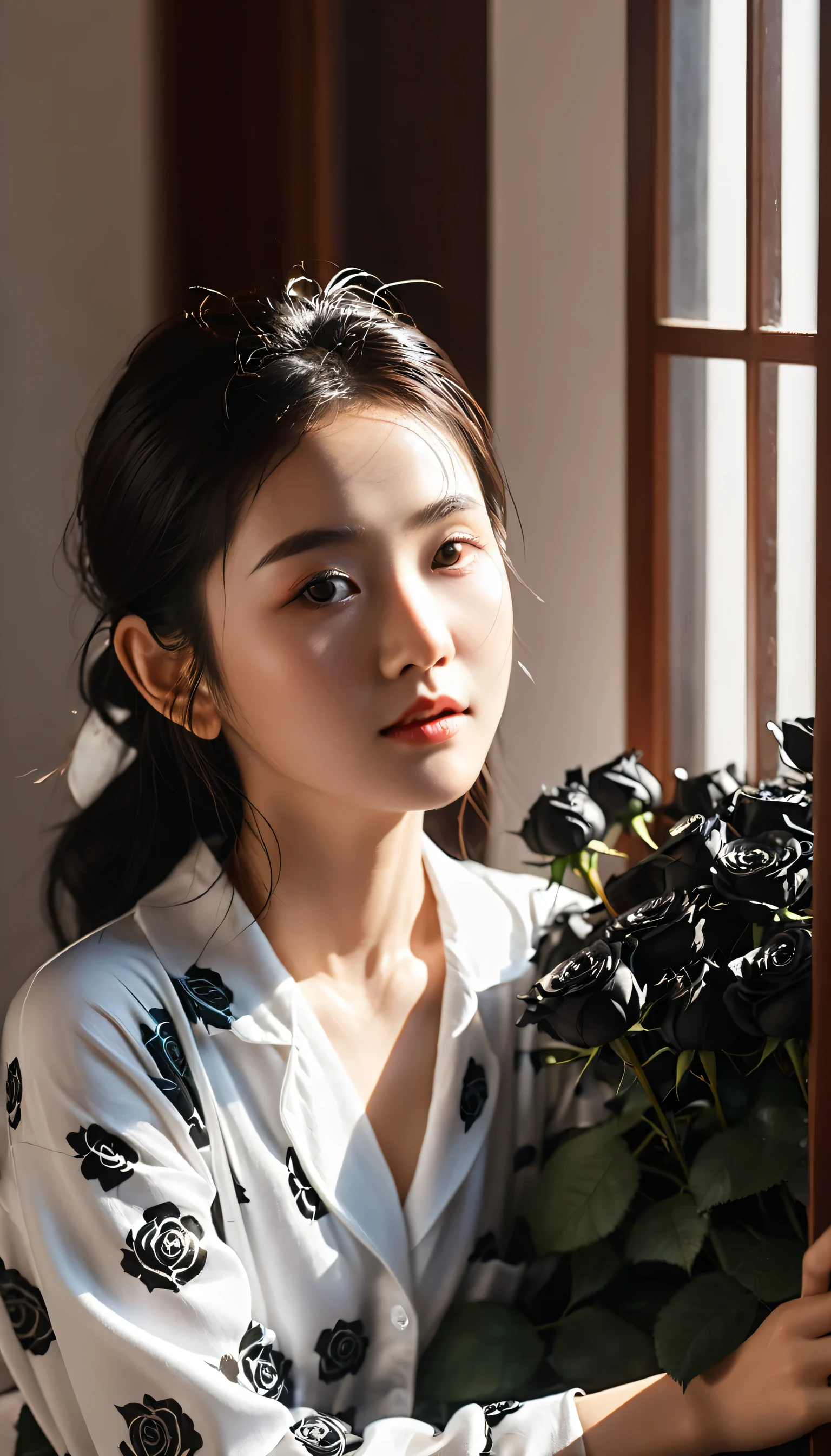 A gril surrounded by black roses, and the sunlight is streaming through the window, creating a warm and inviting atmosphere. She is wering her wet pajama, asia myanmar girl, realistic, best quality, photo-realistic 8k, (best quality:1.1), masterpiece, (realistic:1.1), photo-realistic