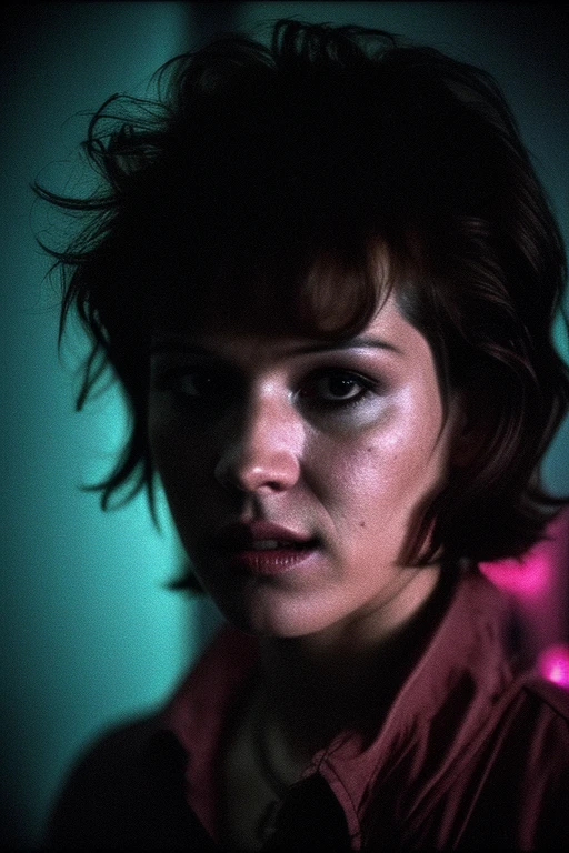 Full shot of eighteen-year-old Molly Ringwald, messy/shaggy razored/layered bob haircut with sideswept bangs, bags under eyes, exhausted eyes, undershadowed eyes, with copper pocketwatch necklace, wearing dark green jacket with sleeves rolled up, white tank top and jeans, extremely realistic, extremely detailed, extreme realism, extreme detail, extremely accurate resemblance, scene from 1986 psychological sci-fi horror film, directed by Michael Mann, cinematography by Dante Spinotti, muted color scheme, muted color palette, neo-noir, tech-noir, shot on 35mm film, atmospheric, moody, Manhunter (1986) influenced, Thief (1981) influenced, bedhead, unkempt hair, insomniac, dark circles under eyes, brooding anti-heroine, cult classic, cult film, complex, elaborate, masterpiece, underlit, dark, directed by Nicholas Winding Refn, synthwave, neon, retrowave, darkwave, Hotline Miami vibes, Drive (2011) vibes, neon nightmare, neon hell, neon noir, nightmare noir, neon horror, synth-horror, film grain, deteriorated film stock, grindhouse