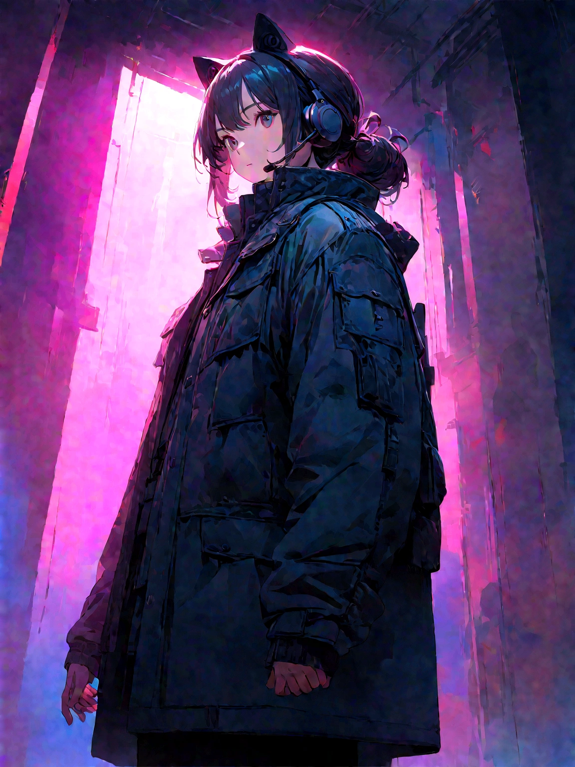 ((Best quality, 8K, Masterpiece: 1.4)),((Amazing detail: 1.3)),((illustration, Hairstyle Casual: 1.2)),((high resolution: 1.1)), A cute cat standing, headset on head, Tactical coat, Fashionab, Soft light, Colorful, Depth of field, Cinematic lighting, From below, Anatomically correct, Amazing art of painting, No Man,