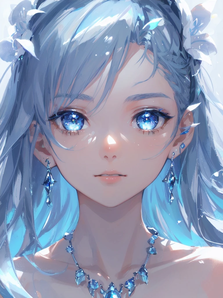 masterpiece, best quality, illustration, sax blue, platinum earrings, platinum necklace, white dress, 1girl, cute, (dynamic lighting:1.2), cinematic lighting, delicate facial features, detailed eyes, sharp pupils, realistic pupils, depth of field, bokeh, sharp focus, (hyper-detailed, bloom, glow:1.4), many small gems