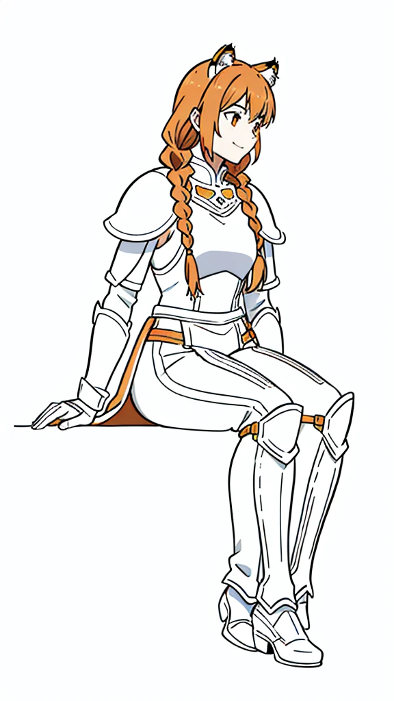 (1girl,20 years old,mature female,solo),tiger ears,long hair,(twin braids),orange hair,white knight armor,(white background,line drawing),smile,sitting,profile, looking away,full body