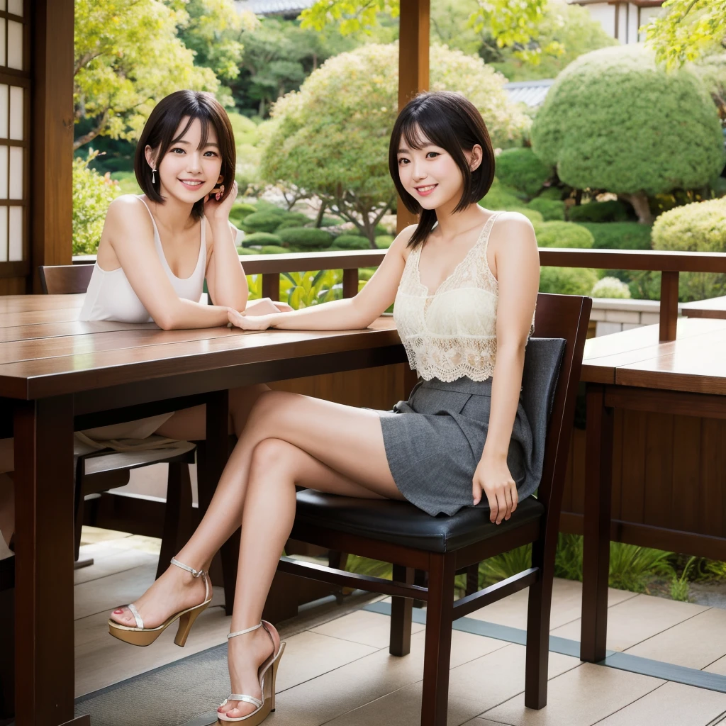 (8K, Realistic, RAW Photos, Highest quality: 1.4),Japanese idol-style beautiful girl,1 person,18-year-old,Short Bob,She has her hair tucked behind her ears,Large, clear grey eyes,Long eyelashes,(piercings(small)),(Lip gloss),lips(Plump,glossy),Tank top,Lace Cardigan,(flare skirt),Long legs,Barefoot and high heels,Cafe terrace with a view of the Japanese garden,Sitting on a chair with legs crossed,Smiling at the camera,Front view,Full body portrait