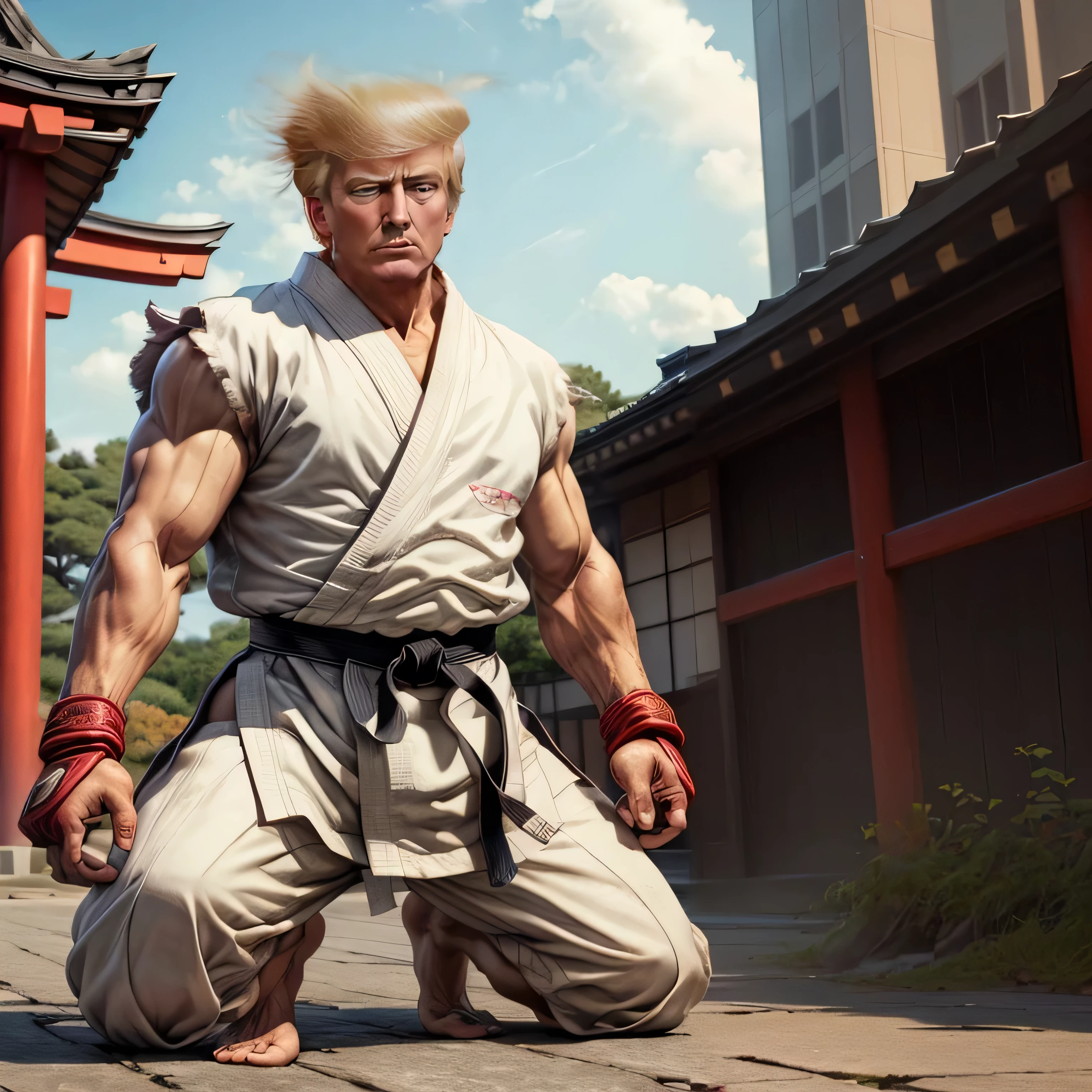 arafed man in a kimono outfit crouches down in front of a red gate, ryu from street fighter, as a character in tekken, fighting game character, character from king of fighters, fighter pose, powerful stance, steve jobs as hokage, photorealistic human goku, inspired by Gatōken Shunshi, street fighter, fighting stance, hadouken