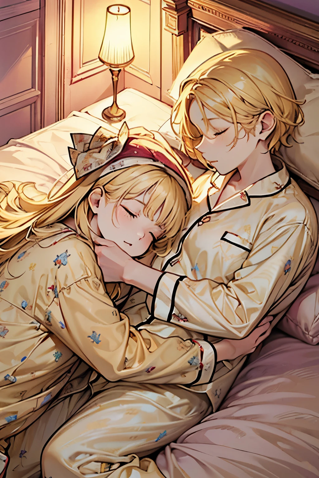 character//1 girl,((luxury bed:1.4)),((sleeping comfortably:1.35)),((sleeping face:1.2)),((blonde:1.2)),((pajamas like a princess:1.2)),((wearing a nightcap)).