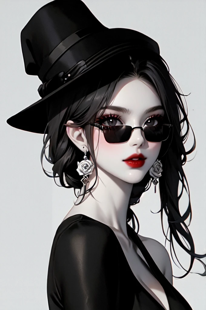 1girl, sunglasses, solo, hat, lipstick, red lips, long hair, dress, plunging neckline,rose, makeup, monochrome, white background, earrings, cleavage, jewelry, upper body, spot color, hair over shoulder,dark theme,shiny,shiny skin,milf,(mature female:1.2),