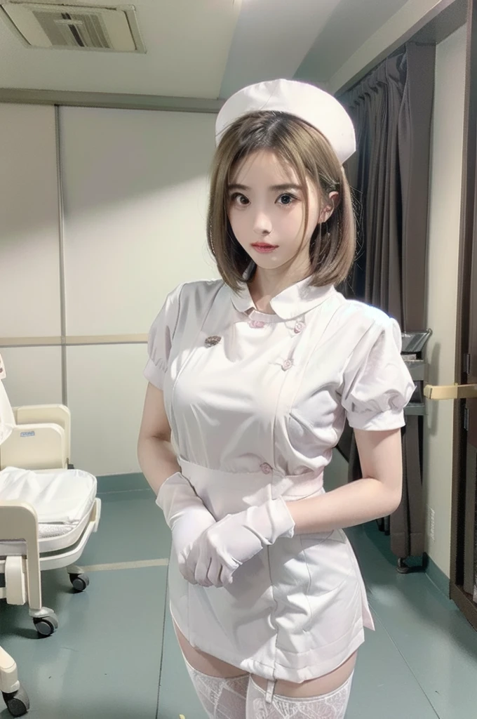 1woman, solo, nurse, nurse cap, white nurse uniform, ((white legwear, zettai ryouiki)), white gloves, shouldet length bob cut blonde hair, brown eyes, pink lips, angry, standing, ((hospital room)), sharp outline, short sleeves, mature female, 28 years old, best quality, masterpiece