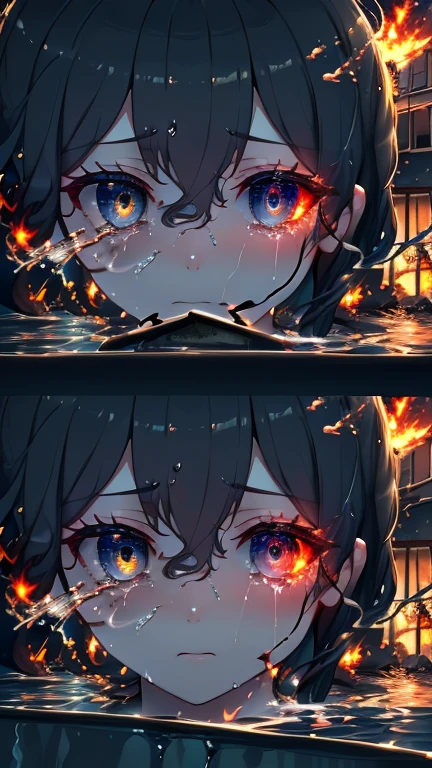 ((A  sitting in the street feeling cold crying, teary hinged eyes, sadness cute face 🥺 )), the background of ((a burnt flat ruined and an ambulance, p((olice people turning to extinguish the fire with water buckets, night, police lights, smoke outside the destroyed house, flames))