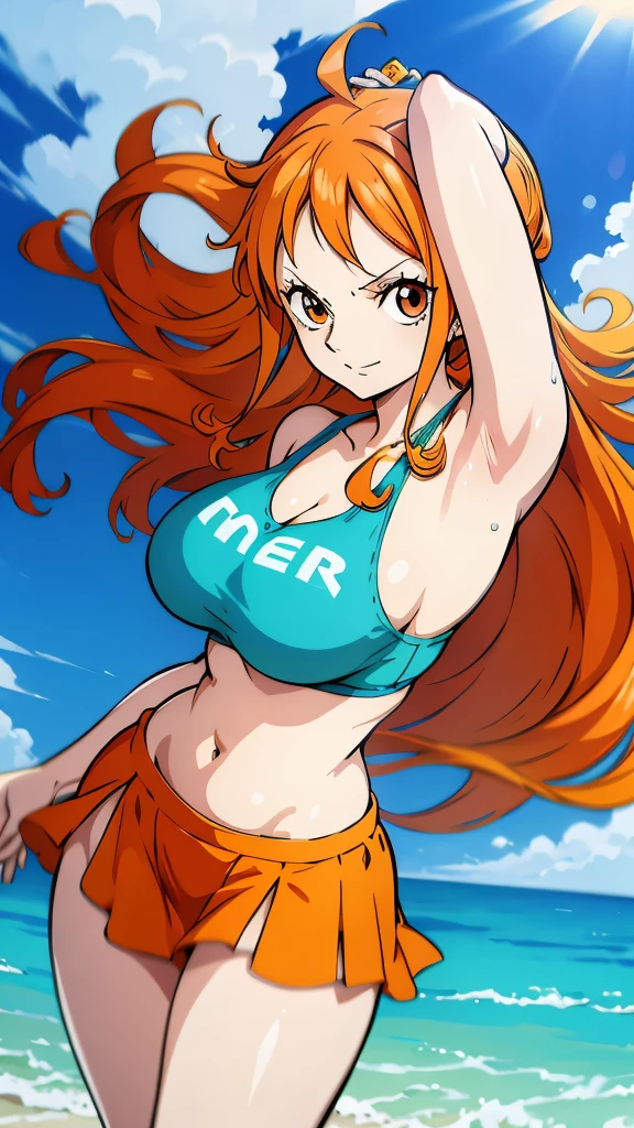Generate a realistic anime-style image of Nami from One Piece. Capture her distinctive look with orange hair, a shirt, and a cheerful expression. Make sure the picture reflects your adventurous and confident personality as shown in the anime.., whole body, Wide plane , NSFW, Curvy athletic body, Island background,bra top, Skirt, orange eyes, orange eyes, armpits , ass .