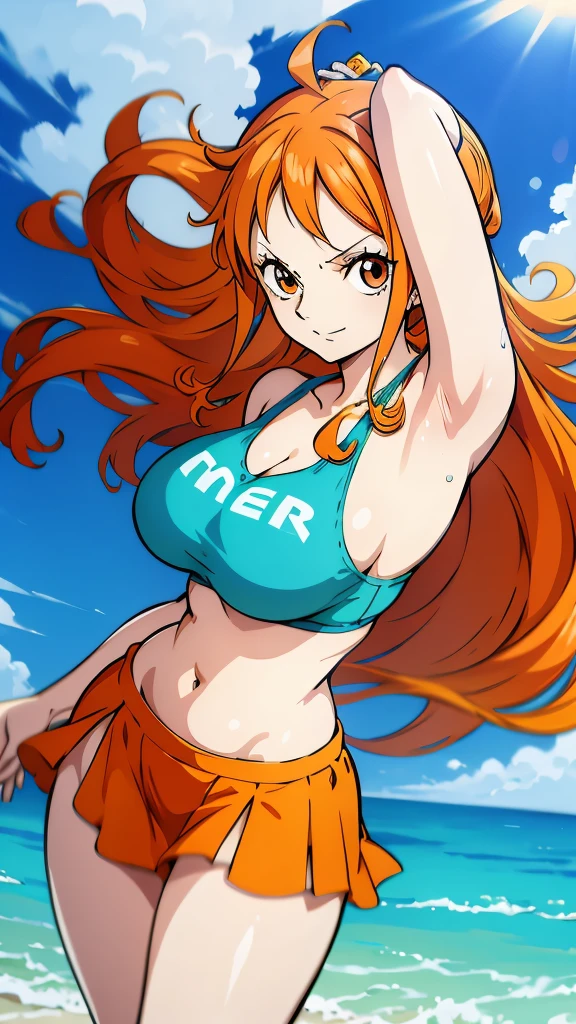 Generate a realistic anime-style image of Nami from One Piece. Capture her distinctive look with orange hair, a shirt, and a cheerful expression. Make sure the picture reflects your adventurous and confident personality as shown in the anime.., whole body, Wide plane , , Curvy athletic body, Island background,bra top, Skirt, orange eyes, orange eyes, armpits , ass .
