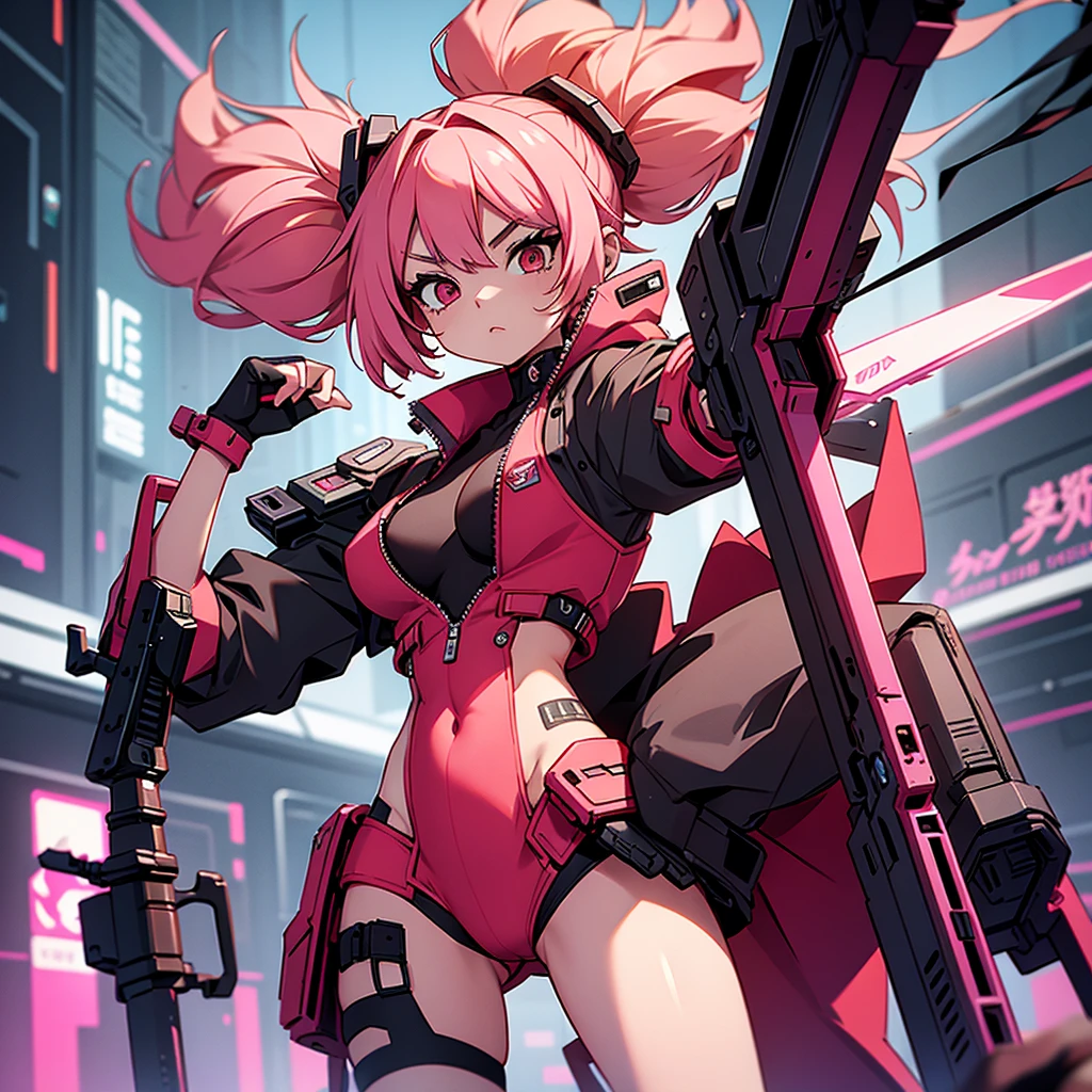 bunny girl, her hair is pink and long, her style is cyberpunk with weapons around the body in red
