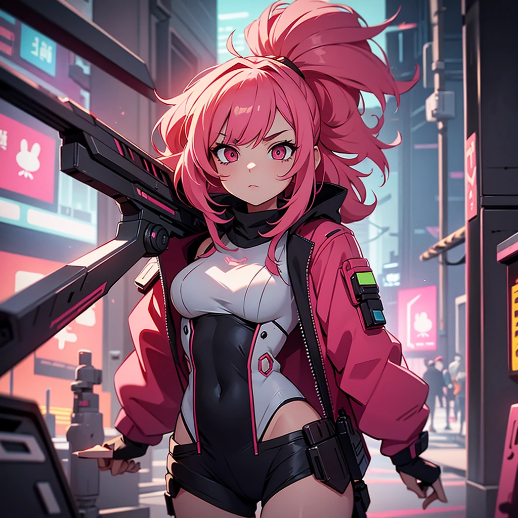bunny girl, her hair is pink and long, her style is cyberpunk with weapons around the body in red