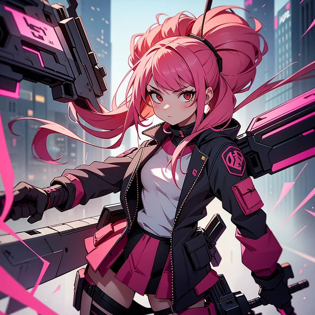 bunny girl, her hair is pink and long, her style is cyberpunk with weapons around the body in red