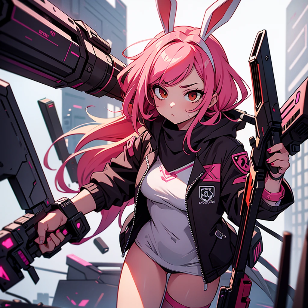 bunny girl, her hair is pink and long, her style is cyberpunk with weapons around the body in red
