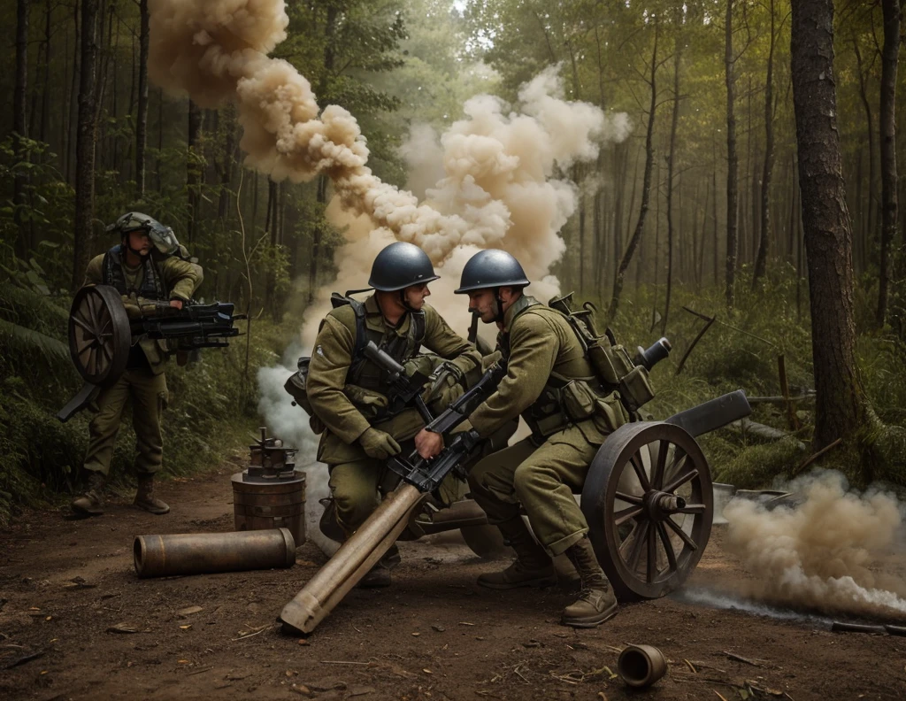 two French artillery soldiers, detailed faces, with green camouflage uniform with navy blue details, military metal helmets, they are using a modern artillery mortar that is firing, it has rubber wheels, ammunition casings, they are in a European battlefield forest, explosions and fire, ultra realistic, Ultra detailed, hyper realistic, 4k, Ultra detailed image, realistic, Highly detailed, perfect composition, gorgeous, Intricately detailed, incredibly detailed, Fine art photography 8K, hyper detailed, Masterpiece, Ultra detailed, hyper realistic, 4k , Ultra detailed image, realistic, Highly detailed, perfect composition, beautiful, intricately detailed, incredibly detailed, 8k art photography, hyper detailed, Masterpiece