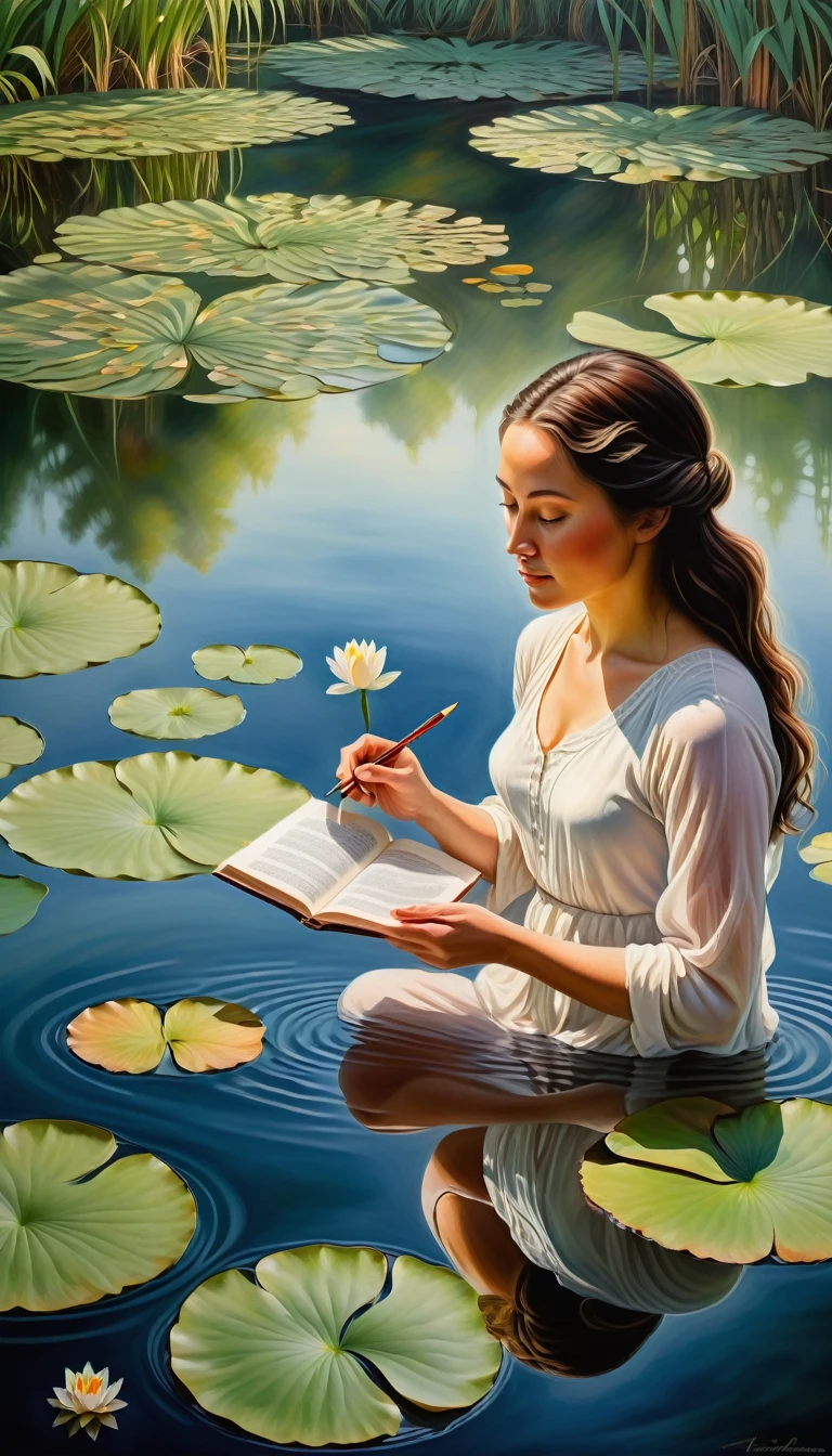 A woman, her reflection pensively studying her features in a tranquil, still lake, flanked by lily pads and ripples caused by the gentle breeze. Capture the realistic and detailed intricacies of their likenesses in harmonious balance.