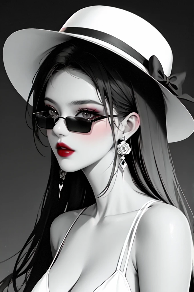 1girl, sunglasses, solo, hat, lipstick, red lips, long hair, dress, plunging neckline,rose, makeup, monochrome, white background, earrings, cleavage, jewelry, upper body, spot color, hair over shoulder,dark theme,shiny,shiny skin,milf,(mature female:1.2),