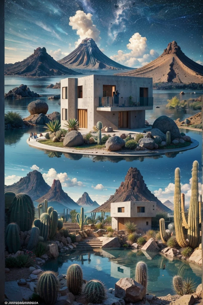 An illustration, collage style, David Hockney visual style, (((Luis Barragán's architectural style houses in middle of a lake))), big boulders, little cascade, mountains, volcanos, volcanic landscape, pool, stairs, beautiful gardens, abundant vegetation, cacti, agave, big clouds, sunset. Magazine cover, serif tipography, editorial design, masterpiece, An illustration in collage style, con rocas gigantes, Brutalist construction sections, escaleras, cactus, agave, textura de concreto, Multiple geometric shapes, hatch and cross hatching, planeta Saturno. ((masterpiece, best quality)),illustration,ultra detailed 8k. (((An illustration of a build designed by Luis Barragán))), with a desertic vegetation garden, (big rocks), ((cacti)), lake, volcano in horizon, smooth clouds, (((illustration collage format))), ((Escher's art style)), (((multiple sections))), (violet, blue, olive green, grey, black and white), hard shadows, (((geometric sculptures))), concrete sculptures, high contrast, dramatic, cinematographic, ((milky way galaxy)), intricate, intricate details, sharp focus,landscape
