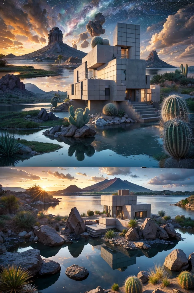 An illustration, collage style, David Hockney visual style, (((Luis Barragán's architectural style houses in middle of a lake))), big boulders, little cascade, mountains, volcanos, volcanic landscape, pool, stairs, beautiful gardens, abundant vegetation, cacti, agave, big clouds, sunset. Magazine cover, serif tipography, editorial design, masterpiece, An illustration in collage style, con rocas gigantes, Brutalist construction sections, escaleras, cactus, agave, textura de concreto, Multiple geometric shapes, hatch and cross hatching, planeta Saturno. ((masterpiece, best quality)),illustration,ultra detailed 8k. (((An illustration of a build designed by Luis Barragán))), with a desertic vegetation garden, (big rocks), ((cacti)), lake, volcano in horizon, smooth clouds, (((illustration collage format))), ((Escher's art style)), (((multiple sections))), (violet, blue, olive green, grey, black and white), hard shadows, (((geometric sculptures))), concrete sculptures, high contrast, dramatic, cinematographic, ((milky way galaxy)), intricate, intricate details, sharp focus,landscape