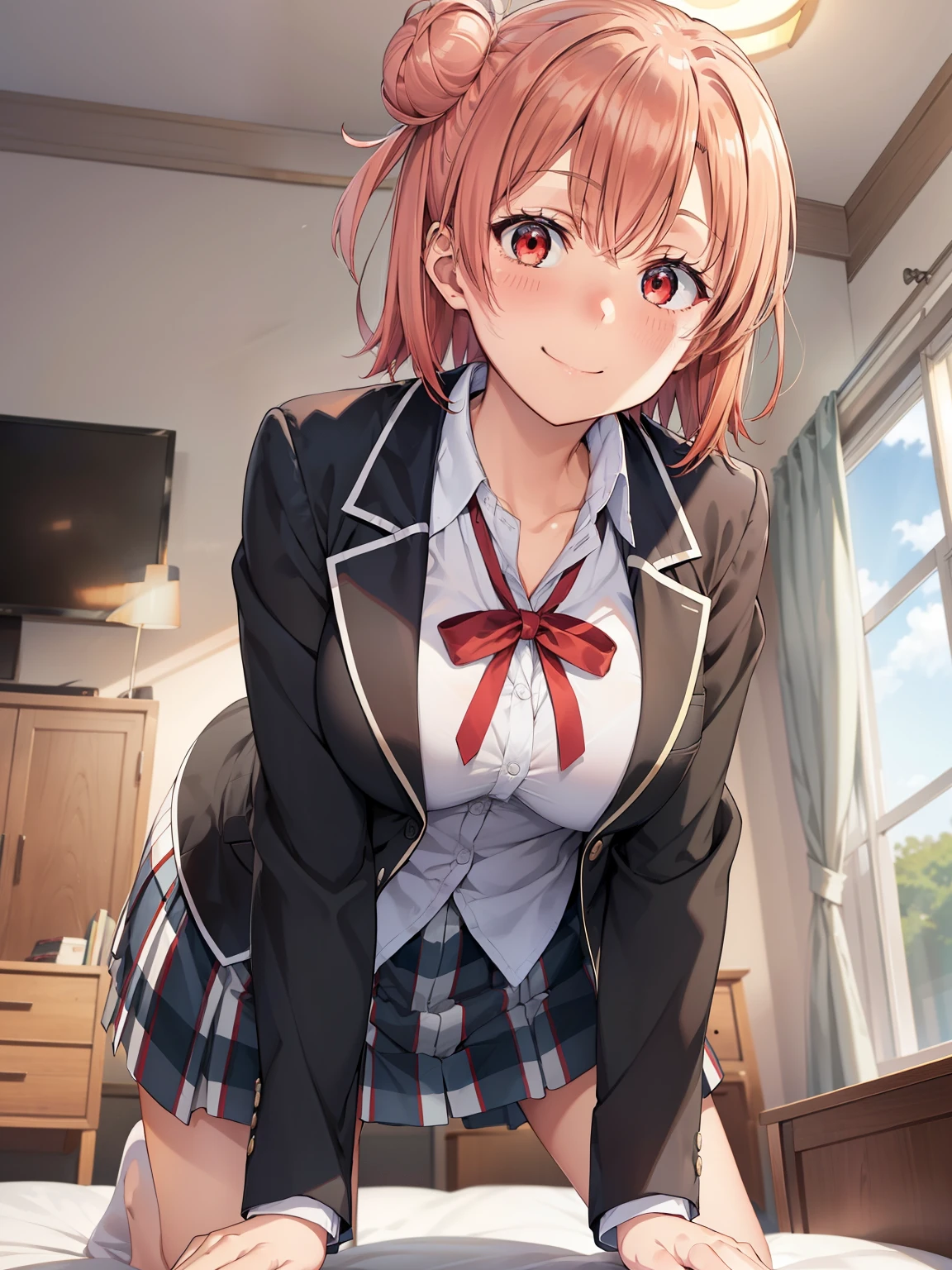 ((Highest quality, High resolution,  Perfect Pixel,  4K)),  (Beautiful Anime Girls), Depth of written boundary、


Yuigahama Yui,  (Big Breasts:1.3)、
short hair, Single hair bun, Neck ribbon, White shirt, Dress shirt, blazer, Black jacket, Open jacket, Long sleeve, Checked skirt,  Red eyes、

smile、
indoor、On the bed、Leaning forward、
ass pov, straddling, 