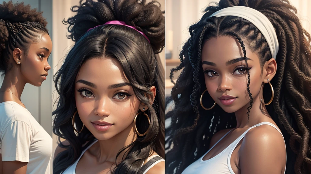 a close up of a person with a shirt on and a smile, a screenshot by Ella Guru, trending on cg society, renaissance, wearing a sexy cropped top, youtube video screenshot, long afro hair, a woman with a headband on is smiling and wearing a gray shirt, a portrait by Milton Menasco, featured on reddit, renaissance, long afro hair, wig, wearing a headband, wearing the number 1 headband, long black hair in a ponytail, long wild black curly hair, her black hair is a long curly, with afro, black ponytail hair, ponytail black hair