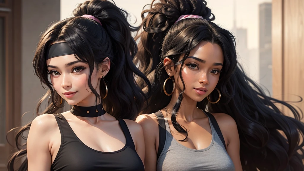 a close up of a person with a shirt on and a smile, a screenshot by Ella Guru, trending on cg society, renaissance, wearing a sexy cropped top, youtube video screenshot, long afro hair, a woman with a headband on is smiling and wearing a gray shirt, a portrait by Milton Menasco, featured on reddit, renaissance, long afro hair, wig, wearing a headband, wearing the number 1 headband, long black hair in a ponytail, long wild black curly hair, her black hair is a long curly, with afro, black ponytail hair, ponytail black hair