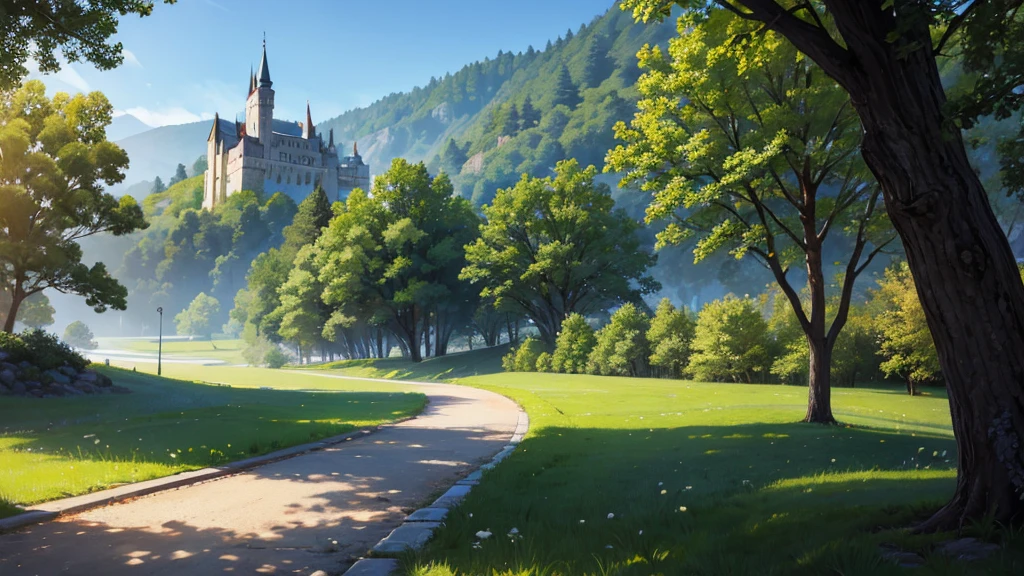 a path surrounded by a forest and trees to a castle that you see at the end