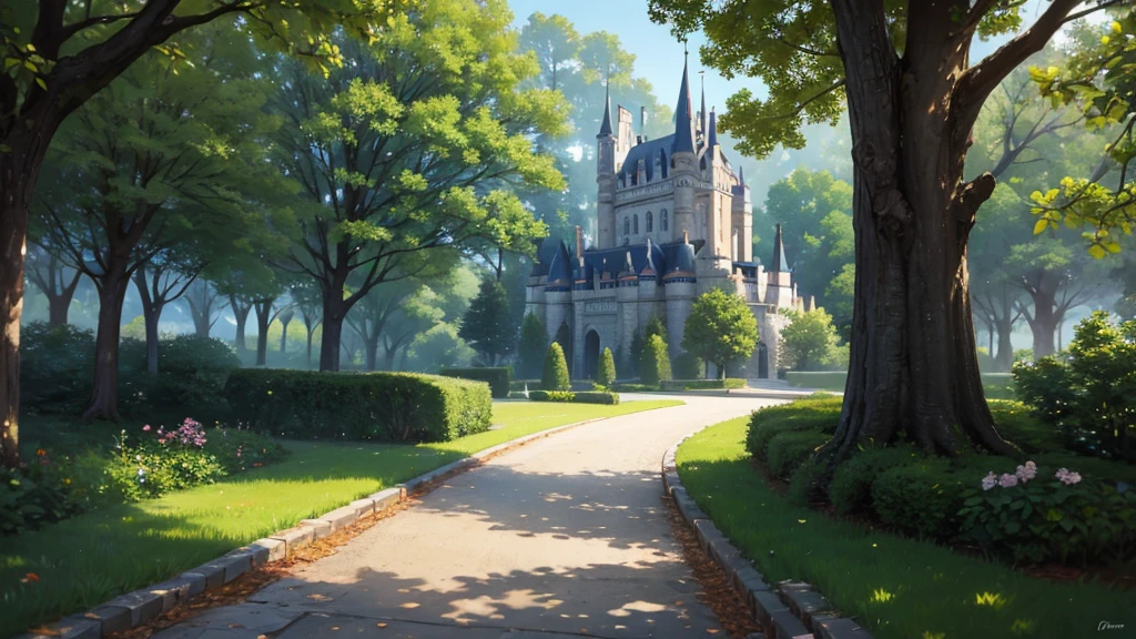 a path surrounded by a forest and trees to a castle that you see at the end