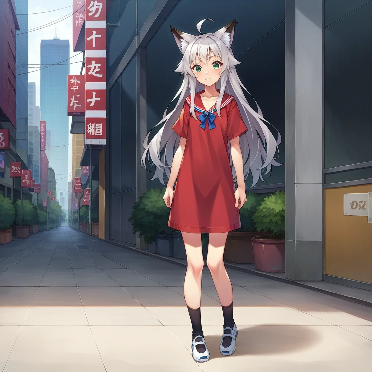 score_9, score_8_superior, score_7_superior, score_6_superior, score_5_superior, score_4_superior, Break Source_anime,throw,city,Outdoor,smile,Are standing, Shirakami_fubuki, Gray Hair, Long Hair, Ahoge, Animal ears, Green Eyes, chest, Fox&#39;s Tail,White T-shirt,Short sleeve,jeans,denim　Nipples