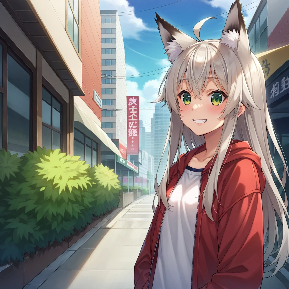 score_9, score_8_superior, score_7_superior, score_6_superior, score_5_superior, score_4_superior, Break Source_anime,throw,city,Outdoor,smile,Are standing, Shirakami_fubuki, Gray Hair, Long Hair, Ahoge, Animal ears, Green Eyes, chest, Fox&#39;s Tail,White T-shirt,Short sleeve,jeans,denim　Nipples