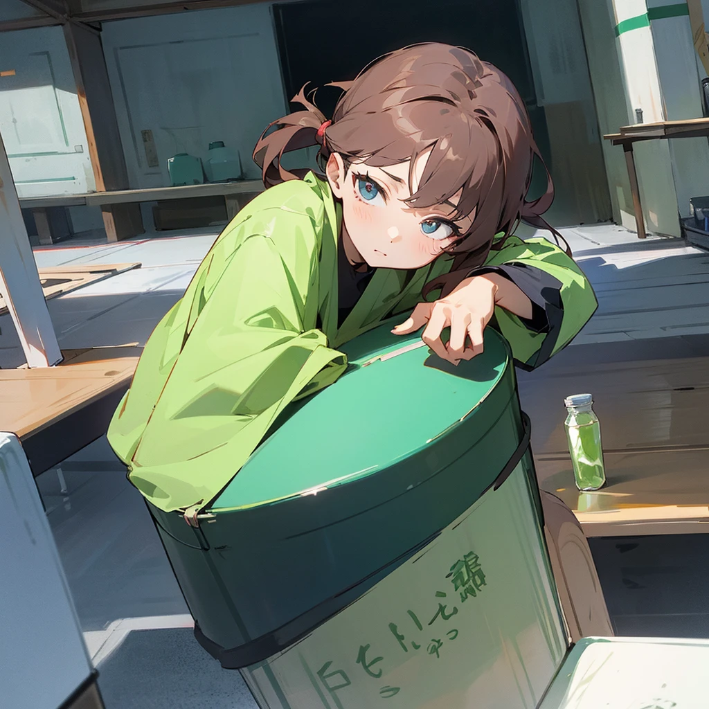 Anime drawing of a teacher explaining in class about the presentation of the different labeled containers for solid waste. (organic, inorganic, hazardous).
