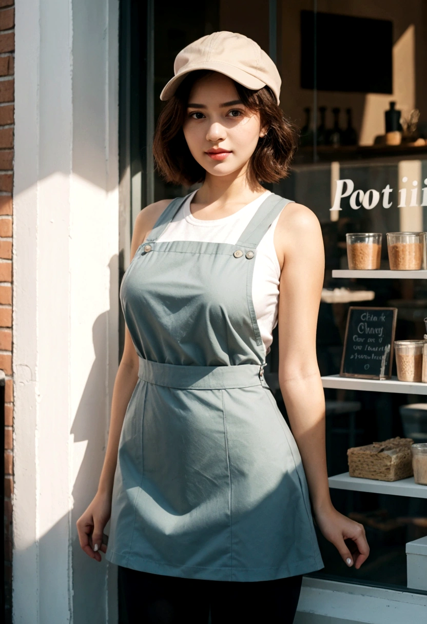 full-body portrait photograph of a young woman with polo Cap with "Wavy shoulder-length short hair." wearing pinafore, , miniskirt with leggings, oversized_breasts.", she is strongest woman on Earth, beautiful_breasts. sensual body, standing, cute styl chlotes, in a unique, photoshot model, standing in front of a coffe shop window building, neutral colors, Pastel tone, soft light, photo, portrait photography, cinematic