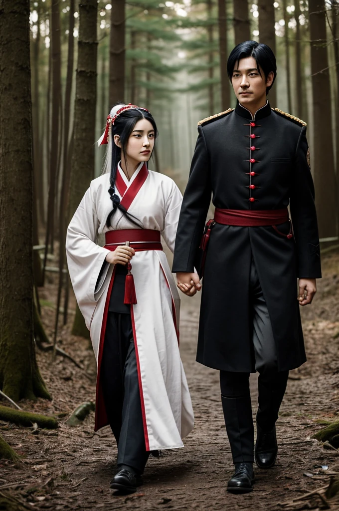 A man, a black-haired guy with indigo eyes, in a black imperial hunting uniform, holds out his hand to a kitsune girl with white hair and medium-length red tips, dressed in a modest red and white haori. They are in a beautiful forest in the evening.