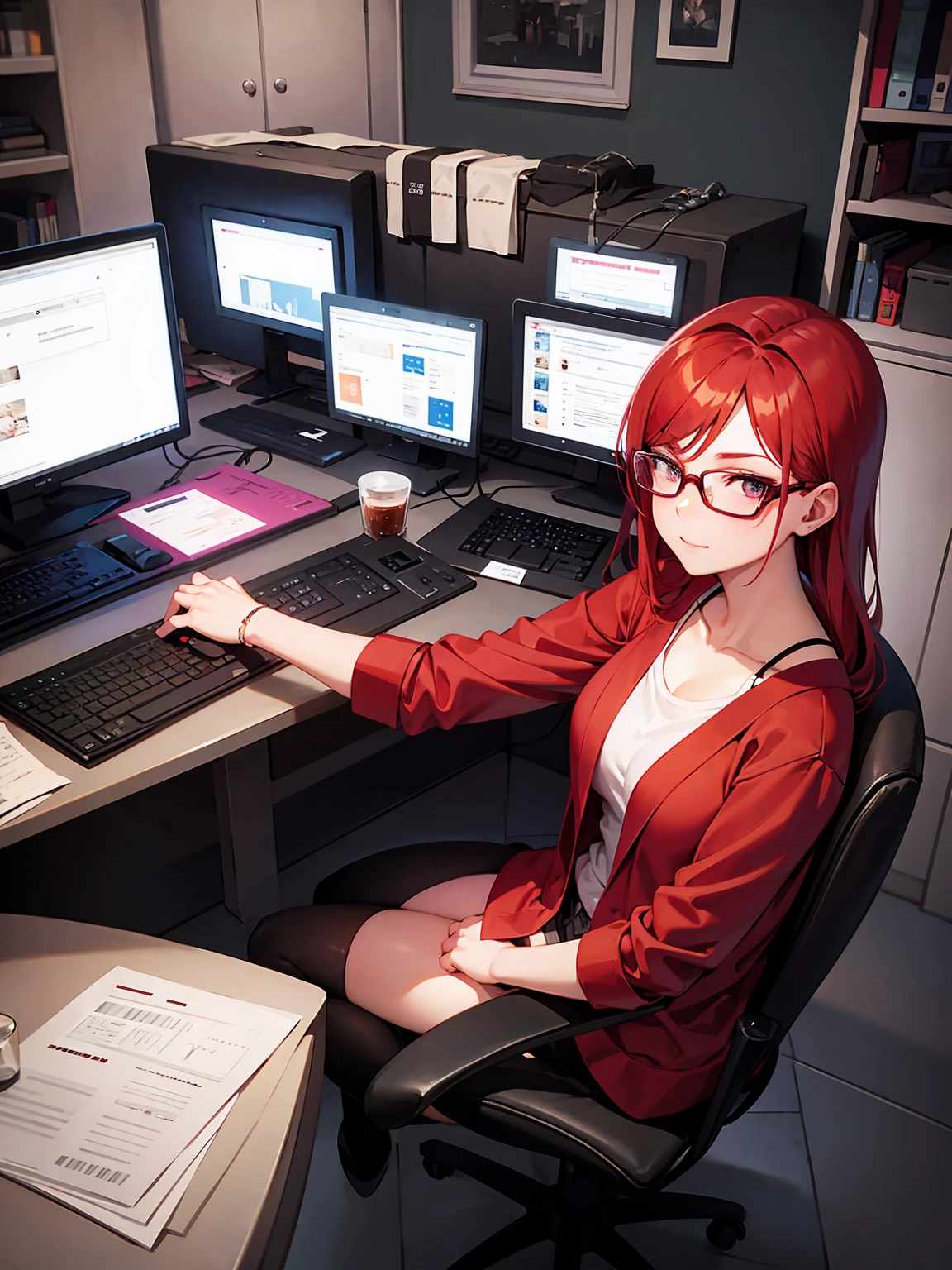 Redhead woman, glasses, sitting on Computers