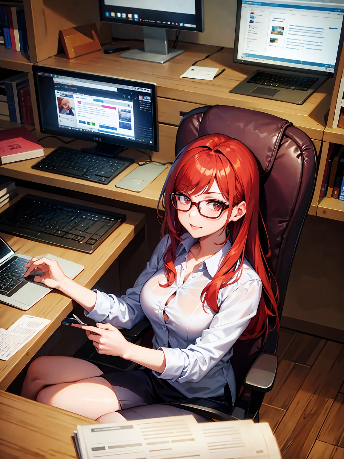 Redhead woman, glasses, sitting on Computers