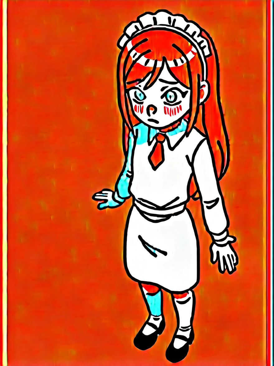 masterpiece, best quality, fumo, sitting, doll, red hair, blue eyes, CasualDress, CasualClothing, Aoko, MB, AokoMeltyBlood, white background, vibrant colors, white shirt, blue denim pants