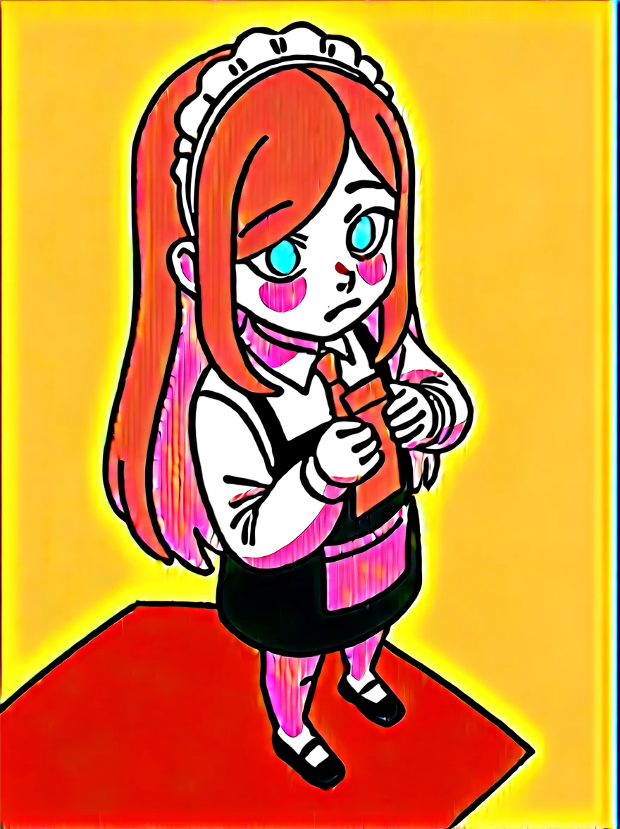 punctuation_9, punctuation_8_High above, punctuation_7_High above, break, ,possum machine_Estilo 1girl, standing alone,katarina \\(League of Legends\\), shorth hair, hair elastic, greeneyes, bangss, Red hair,side locks, shorth hair
housekeeper dress, housekeeper, long sleeves, red butterfly necktie, butterfly necktie, housekeeper headdress, housekeeper apron,White gloves with bows, thicc thighs, shy, white bow, shoe,
standing