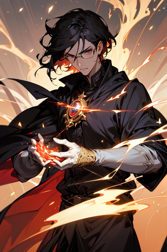 masterpiece, best quality, 1 male, young, tall muscular, handsome, finely detailed eyes, intricate details, black hair, short hair, evil face, solo, upper body, detailed dark shadow background, detailed face, good sorcerer, color magical robes, determined expression, white color scheme, dark crimson light, glowing magical runes, realistic lighting, floating particles, sparks, surrounded by gold lightning red arcane symbols, corrupted by eldritch power, bloom, glasses, gloves