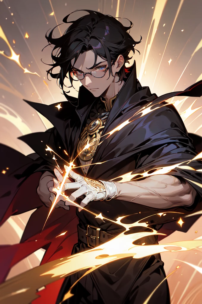 masterpiece, best quality, 1 male, young, tall muscular, handsome, finely detailed eyes, intricate details, black hair, short hair, evil face, solo, upper body, detailed dark shadow background, detailed face, good sorcerer, color magical robes, determined expression, white color scheme, dark crimson light, glowing magical runes, realistic lighting, floating particles, sparks, surrounded by gold lightning red arcane symbols, corrupted by eldritch power, bloom, glasses, gloves