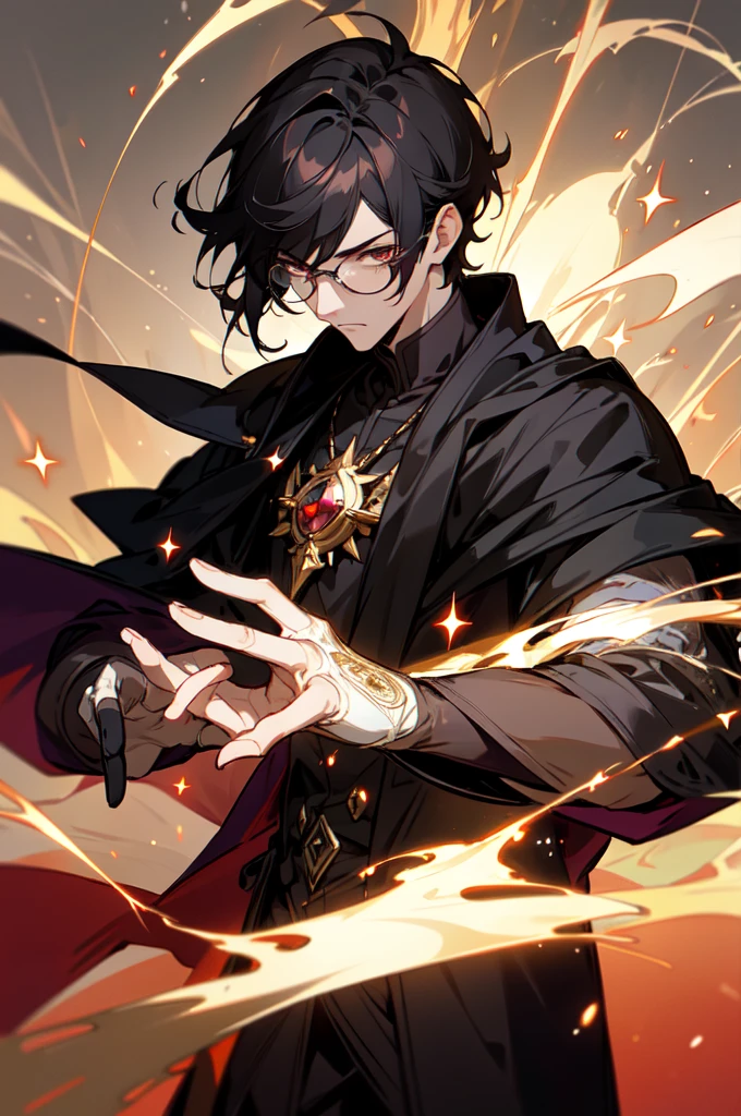 masterpiece, best quality, 1 male, young, tall muscular, handsome, finely detailed eyes, intricate details, black hair, short hair, evil face, solo, upper body, detailed dark shadow background, detailed face, good sorcerer, color magical robes, determined expression, white color scheme, dark crimson light, glowing magical runes, realistic lighting, floating particles, sparks, surrounded by gold lightning red arcane symbols, corrupted by eldritch power, bloom, glasses, gloves