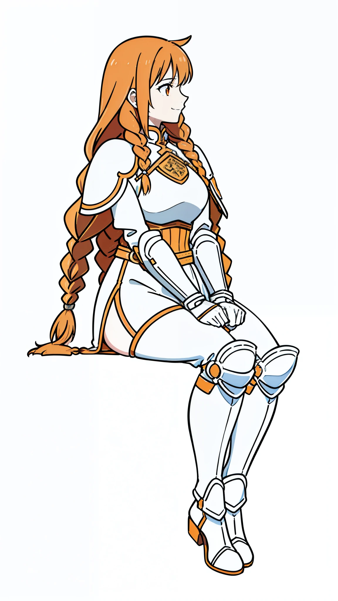 (1girl,20 years old,mature female,solo),tiger ears,long hair,(twin braids),orange hair,white knight armor,(white background,line drawing),smile,sitting,profile, looking away,full body