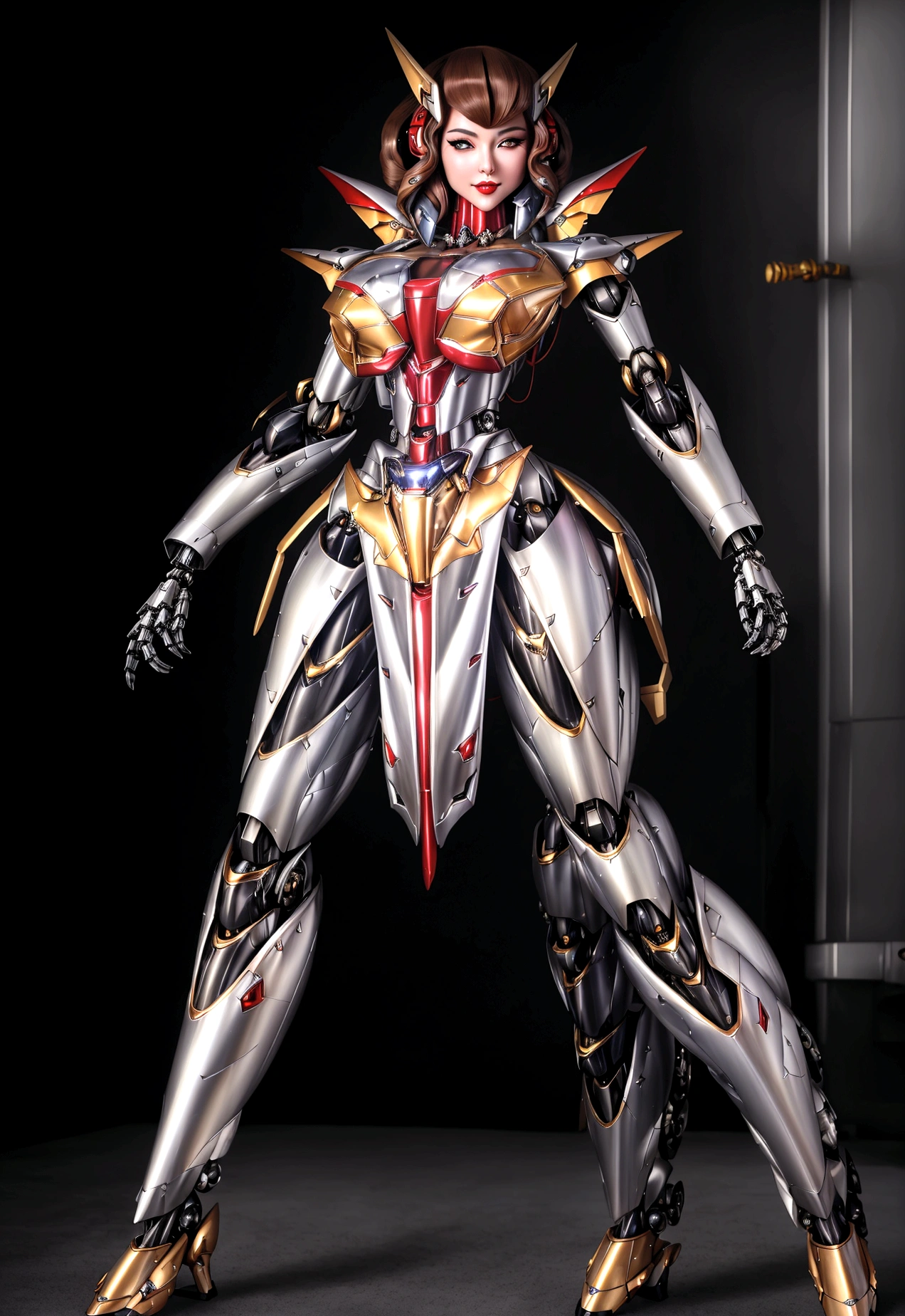 ((a photorealistic glamour shot of an exquisite, glamour mecha sexy female: 1.5)), ((full body: 1.3)), ultra feminine, pretty face, golden hair, long vibrant shiny hair, glamorous hair,  red eyes, miniatures mechanical , deep penetrating eyes, red lips, lustful lips, ((two visible vampiric fangs: 1.5), drops of blood dripping from the mouth, ((cyberpunk style: 1.5)), she wears (white elegant glamour dress, with small delicate mechanical parts and visible breasts: 1.4), digital parts,  intricate details, the dress is studded with diamonds, tight suit, dynamic color, high heels, cyberpunk street at night background, (highest quality:1.2, Very detailed, up to date, Vibrant, Ultra-high resolution, High Contrast, masterpiece:1.2, highest quality, Best aesthetics), best details, best quality, highres, ultra wide angle, 16k, [ultra detailed], masterpiece, best quality, (extremely detailed), Genetically modified..., Cinematic Hollywood Film, nijimecha, aetherpunkai